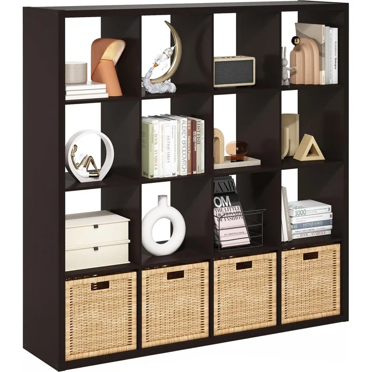 Furinno Cubicle Dekorativer Würfel-Aufbewahrungsorganisator mit offener Rückseite, 16 Würfel, Dunkle Eiche