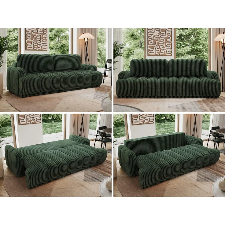 Schlafsofa ACCORDO 3-Sitzer mit Schlaffunktion, DL-Mechanismus, Wellenfederung & Massivholz, freistehend rundum bezogen - Grün Cordstoff – Bild 2