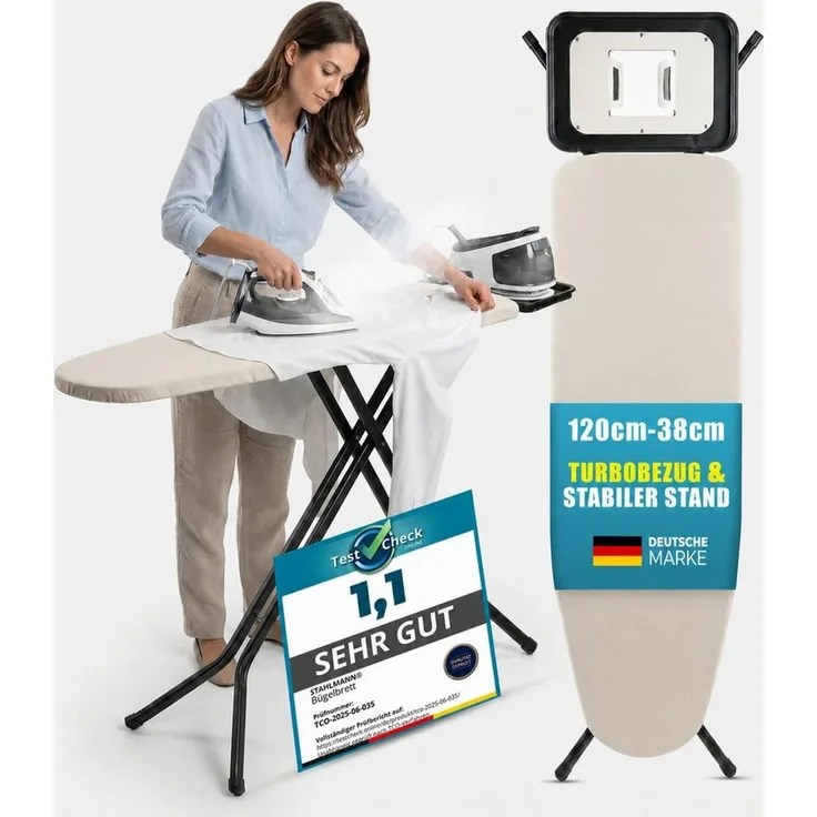 STAHLMANN Bügelbrett Granada [120 × 38 cm], TestCheck 1,1 SEHR GUT, Turbobezug, Bügelfläche 120x38 cm