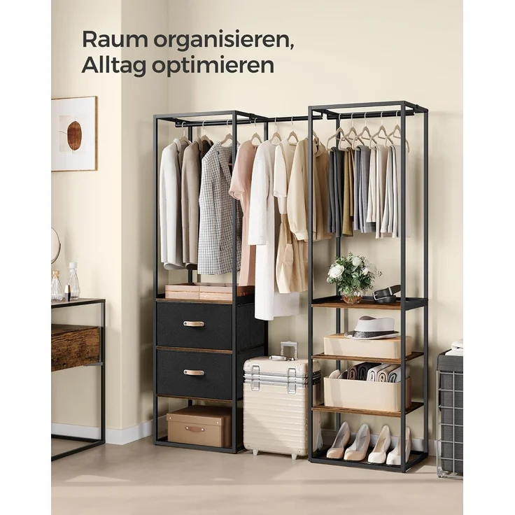 Songmics Kleiderschrank Kleiderständer hochbelastbar, 2 Schubladen, 4 Ablagen, braun – Bild 3