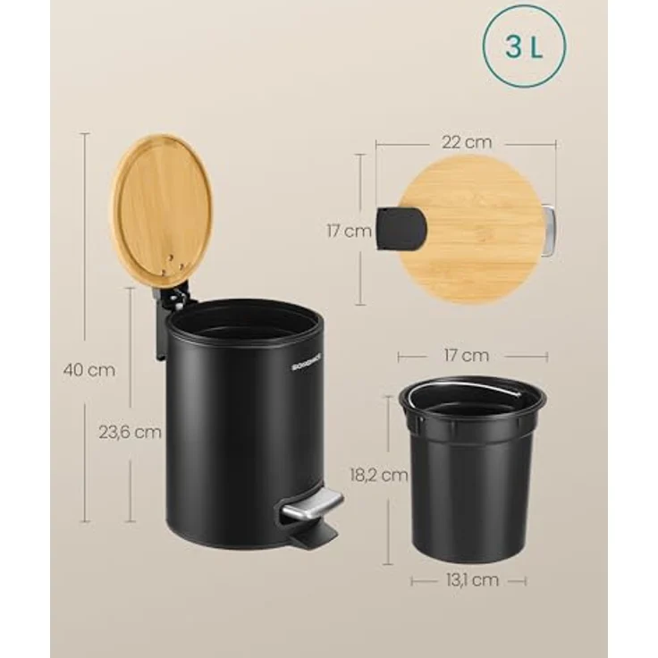 SONGMICS Kosmetikeimer, Mülleimer Bad, mit Deckel aus Bambus, Tretmülleimer mit Metallpedal, Inneneimer herausnehmbar, Softclose, für Badezimmer, 3 Liter, tintenschwarz LTB113BZ01 – Bild 8