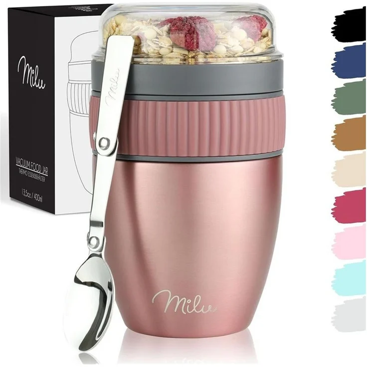 Milu Müslibox Müslibecher to go, 400ml, isolierter Edelstahl Joghurtbecher für Müsli, rosegold – Bild 1