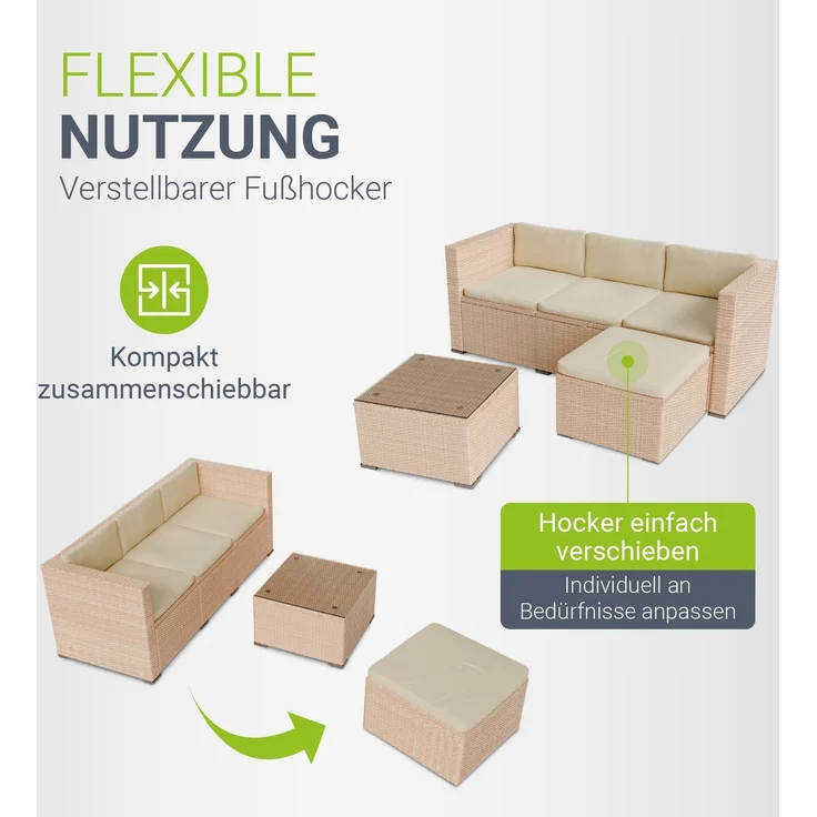 Juskys Polyrattan Lounge Punta Cana M creme – Gartenlounge für 3-4 Personen – Sitzgruppe mit Sofa, Tisch & Hocker - Sitzbezüge Sand – Bild 6