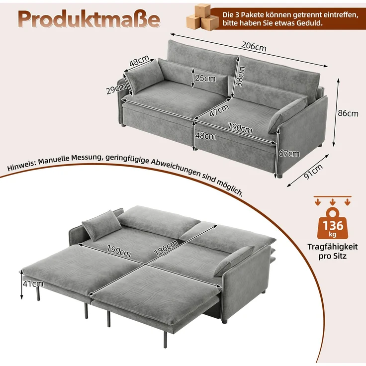 EINHOM 206 cm 3-Sitzer Chenille-Wolken-Sofa, 3-in-1 ausziehbares Schlafsofa mit Staufach, verstellbarer Rückenlehne, 2 beweglichen Armlehnkissen, geeignet für Wohnzimmer, Apartment, Schlafzimmer, hellgrau – Bild 2