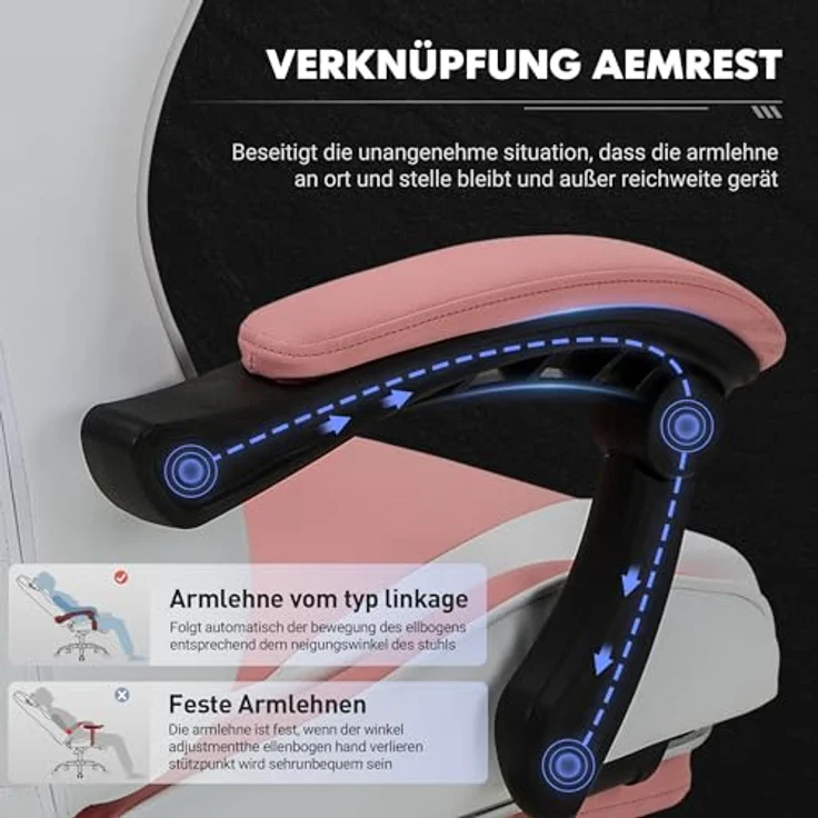 COLAMY Gaming Stuhl, Computer Stuhl mit Fußstütze und Lendenwirbelstütze, höhenverstellbarer Gaming Chair mit 360°-Drehsitz und Kopfstütze, Video Gamer PC Stuhl, Ergonomische hohe Rückenlehne, Rosa – Bild 6