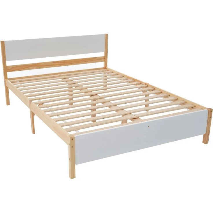 Doppelbett 140x200 cm, Holzbett mit Kiefernholzrahmen und Mittelfuß, Weiß & Natur – Bild 5
