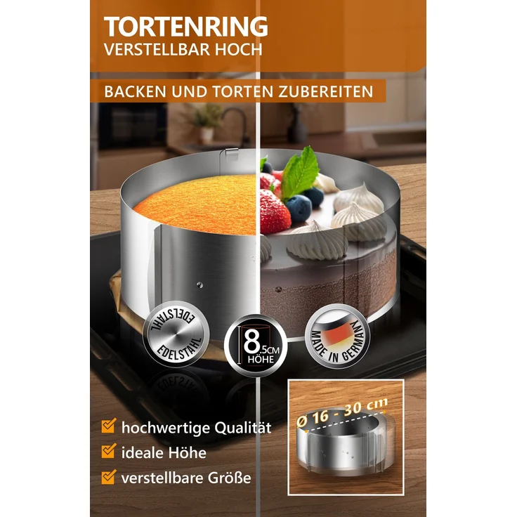 Aurelia Home Tortenring verstellbar aus Edelstahl – 8,5 cm hoch, Ø 16–30 cm – Bild 2