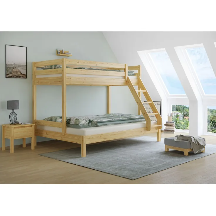 Doppel-Etagenbett 140x200 und 90x200 Erwachsenen-Stockbett Kiefer Massivholz natur V-60.18-09-14Rollrost inkl.