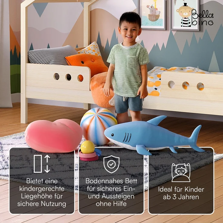 Bellabino 'Bela' Hausbett 90x200 cm mit Matratze, natur, Kiefer Massivholz, Montessori Kinderbett mit Rausfallschutz und Lattenrost – Bild 3
