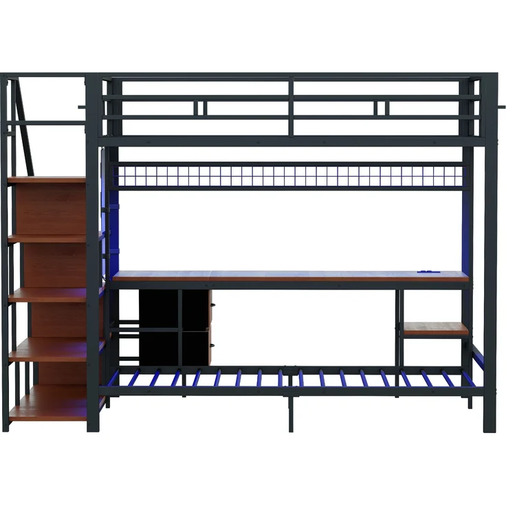 Hochbett Metall/MDF mit Schreibtisch, LED & USB-Anschluss, 140x200/90x200 cm, Schwarz, ohne Matratze – Bild 8