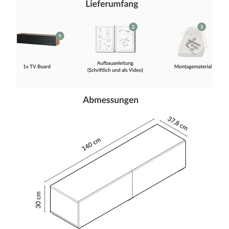 Planetmöbel TV-Board WEST (TV Lowboard, 1 St, Fernsehschrank hängend oder stehend), Fernsehtisch 1x 140cm breit – Bild 3