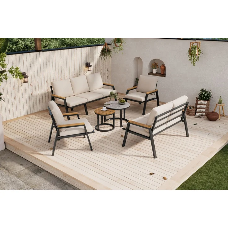 Merax Gartenlounge-Set, Gartenmöbel-Set mit bequemen Kissen, mit 2 Couchtische, Marmor lackierte Glasplatte und Kunststoff-Holzplatte, graubeige – Bild 9