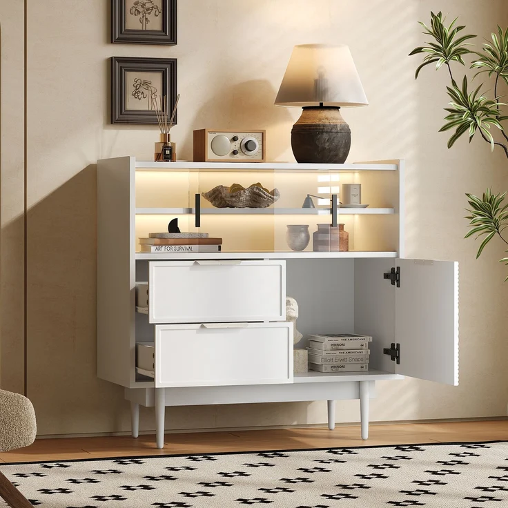 Merax Sideboard, Ablageschrank, Badezimmerschrank, Sideboard mit Lichtleiste, Weiß – Bild 5