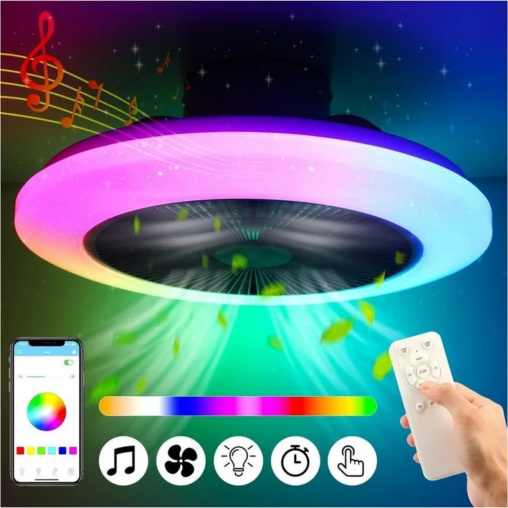 LETGOSPT Deckenleuchte Deckenventilator mit Beleuchtung60W Dimmbar mit Fernbedienung, Ø50 cm, LED fest integriert, RGB Farbwechsel, Kaltweiß, Neutralweiß, Warmweiß, mit Bluetooth,Schlafzimmer Leise Ventilator für Wohnzimmer Küche Hotel