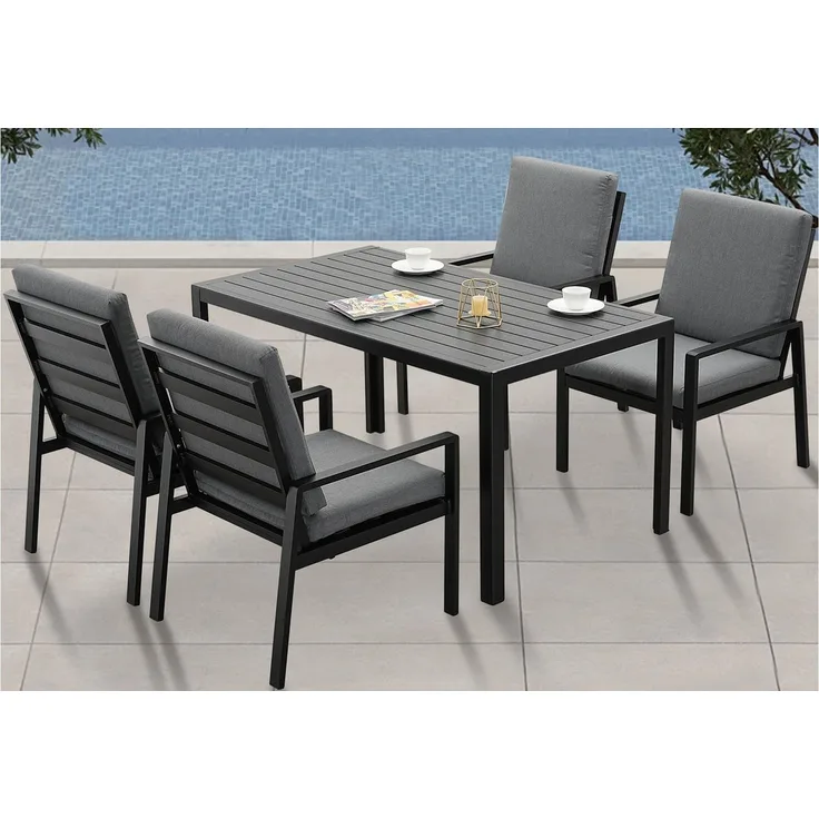 MeXo Gartenlounge-Set SGS zertifiziert, Garten-Essgruppe, (Gartenmöbel Set Aluminium, 5-tlg, 4x Sessel, 1x Esstisch, inkl. Auflagen, Polywood Tischplatte), Terasse Möbel Set Sitzgruppe für 4 Personen