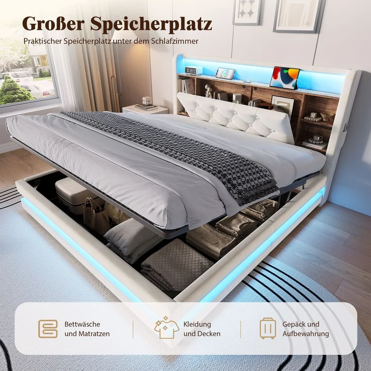 TavilaEcon Boxspringbett Samtbett, Polsterbett mit LED-Beleuchtung & USB-Ladefunktion beige Liegefläche 140 × 200 cm – Bild 4