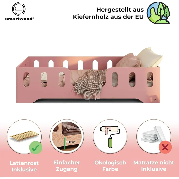 smartwood Kinderbett Bodenbett 140x180 mit Rausfallschutz & Lattenrost - Rosa - Kinder Montessori Bett TILA 2 mit glatten Kanten - Betten für schnelle Montage - Bis 300 kg belastbar – Bild 3