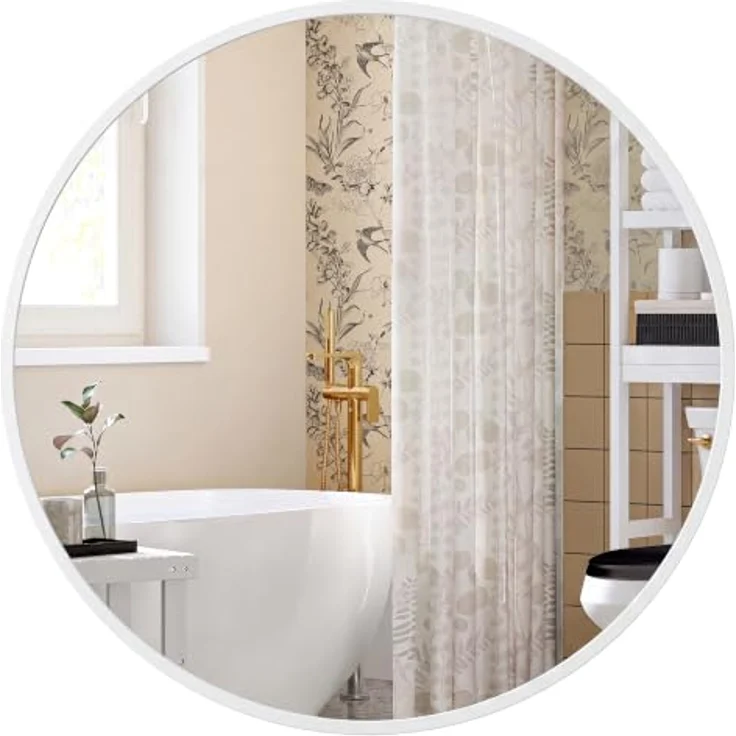 SONGMICS Runder Spiegel, Wandspiegel, Aluminiumrahmen, 41 cm | Modern, einfache Montage, für Bad, Wohnzimmer, Schlafzimmer, Flur, Mattweiss, BERIT Kollektion LWM104WC01 – Bild 1