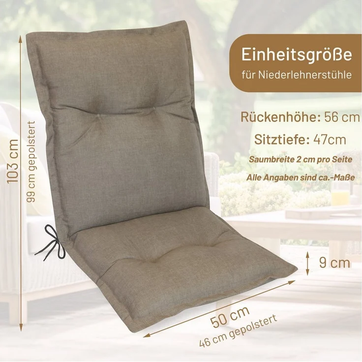 Herlag Polsterauflage Ava Niedriglehner Gartenstuhlauflage extra dick, 103 x 50 x 9 cm, (1 St), SunGuard Polsterauflage Niederlehner hoher UV- & Fleckschutz, Taupe – Bild 3