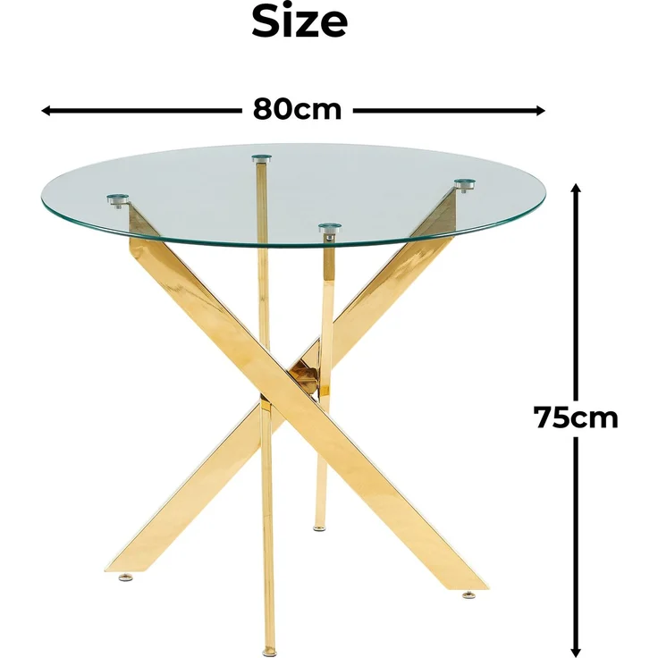 JARDJ Esstisch mit gekreuzten Metallbeinen und Tischplatte aus gehärtetem Glas, moderner, platzsparender Küchentisch für das Wohnzimmer, verchromte Beine, runder Tisch, goldene Beine, 80 x 80 x 75 cm – Bild 7