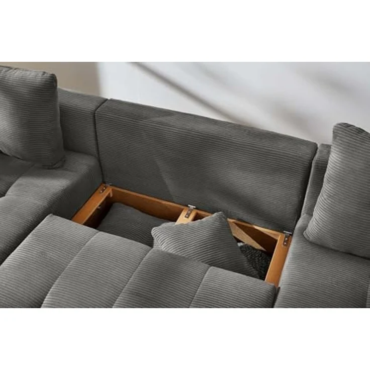 Wohnlandschaft U-Sofa groß Schlaffunktion Couch Bettkasten Cord Dunkelgrau – Bild 6