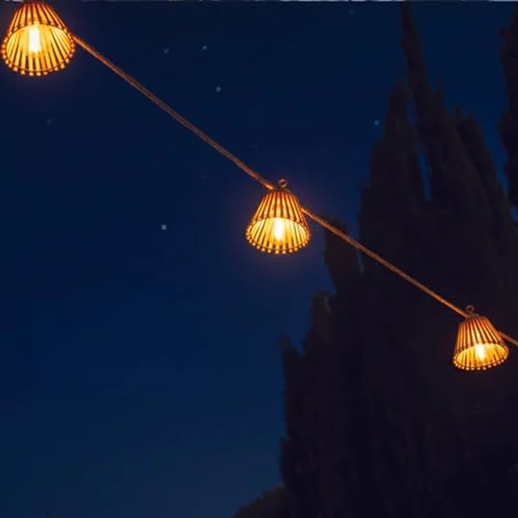 Lumisky NATURY LIGHT HYBRID, Verbindbare LED-Lichterkette für den Außenbereich mit 10 natürlichen Lampenschirmen aus Bambus, warmweiß, Solar und Stromanschluss, 8 m, spritzwassergeschützt IP44 – Bild 2