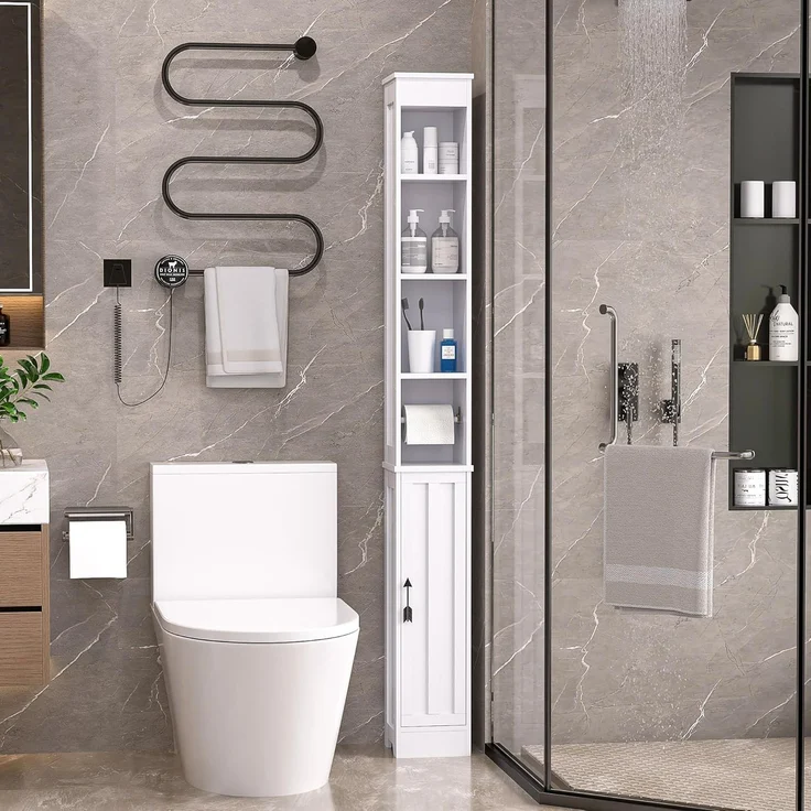 VECELO Badezimmerschrank, hoch, mit verstellbaren Regalen und offenen Fächern, mit integriertem Toilettenpapierhalter, 20 x 20 x 180 cm, Weiß – Bild 6