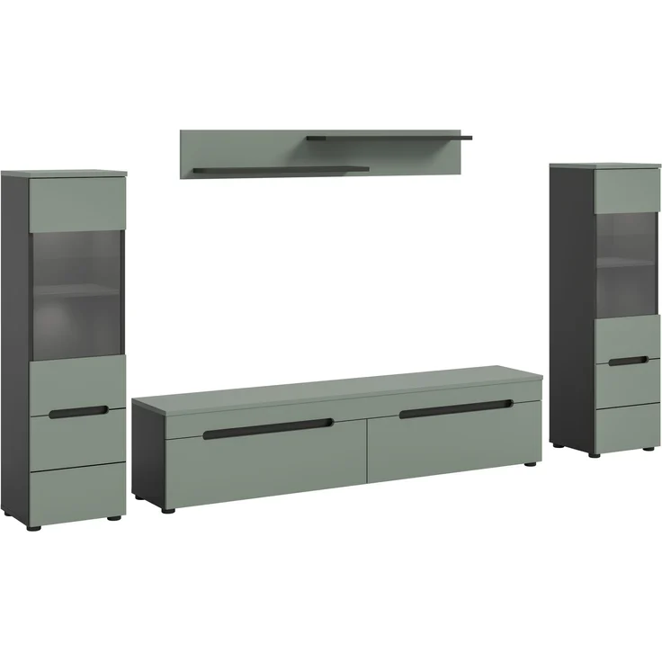 Wohnkombination inkl Beleuchtung (B/H/T: 272x141x33 cm) in Smoke Green Nachbildung – Bild 1