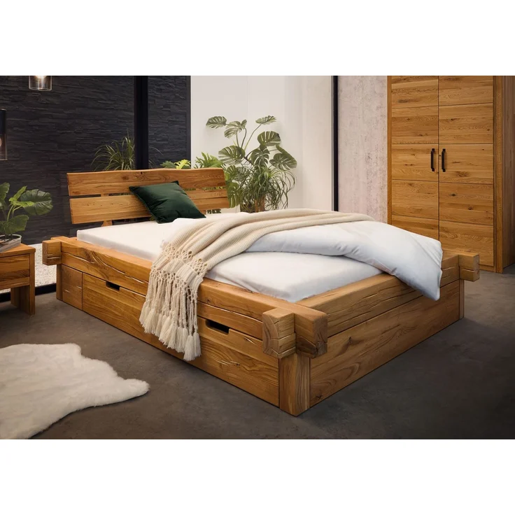 Balkenbett mit Bettkasten Wildeiche 140x200x85 natur geölt JANGALI #618 – Bild 9