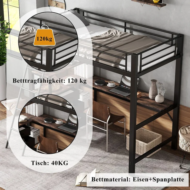 Hochbett mit Rausfallschutz, Lattenrost, Regal und Schreibtisch, 90x200 cm, Metallbett, Kinderbett, Jugendbett – Bild 5