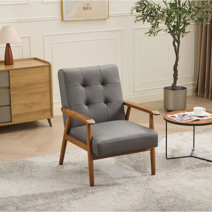 DESVIAE Sessel mit Pull-Point-Nähten aus Leder und Holz Grau, 64 x 80 x 83 cm