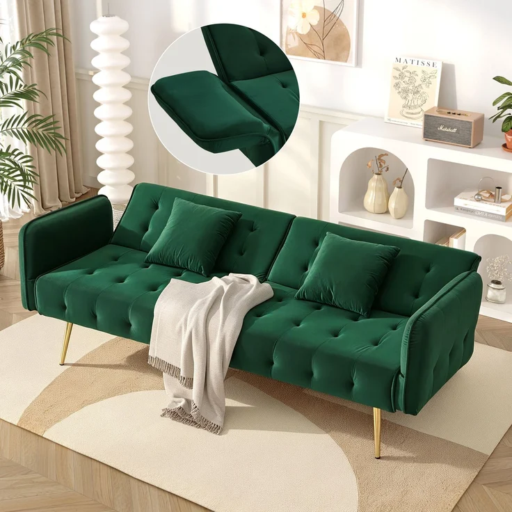 Merax Zweisitzer-Multifunktions-Sofabett mit Bettfunktion, verstellbarer Rückenlehne + mehrstelligen Armlehnen. Modernes Faltsofabett, Grün – Bild 1