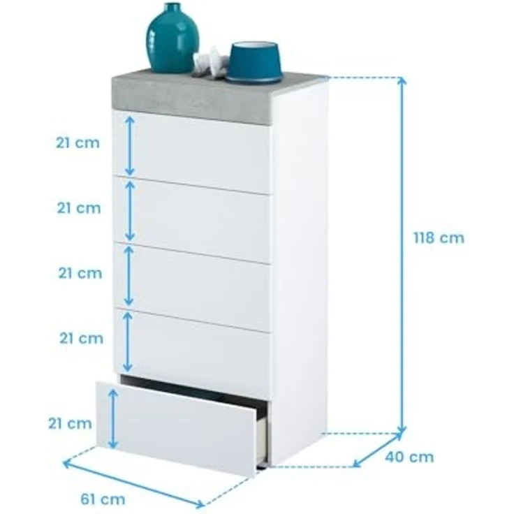 Habitdesign, Kommode mit 5 Schubladen – moderner Sinfonier in Artik weiß & Zementgrau, platzsparender Schubladenschrank für Schlafzimmer oder Büro, Maße: 61 x 118 x 40 cm (B x H x T), Modell Tekkan – Bild 3