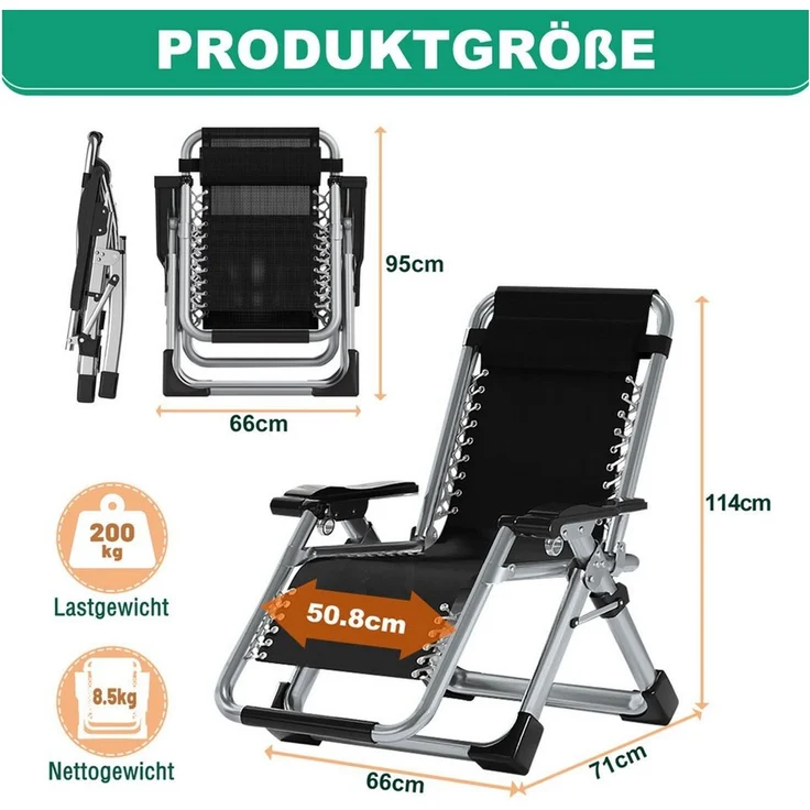 Meulbaty Klappstuhl 200KG Belastbar Klappbar Liegestuhl mit Auflage, Sitzen (2.3-3cm Matratze, 1 St), für Wohnzimmer, Balkon, Strand oder Pool – Bild 2