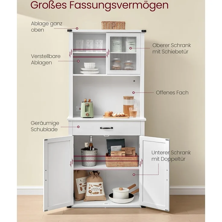 VASAGLE Sideboard mit Beleuchtung, Aufbewahrungsschrank, mit Türen und Schubladen, Küchenschrank, Kaffeebar, verstellbare Ablage, Landhausstil, wolkenweiß BBK363W21 – Bild 5