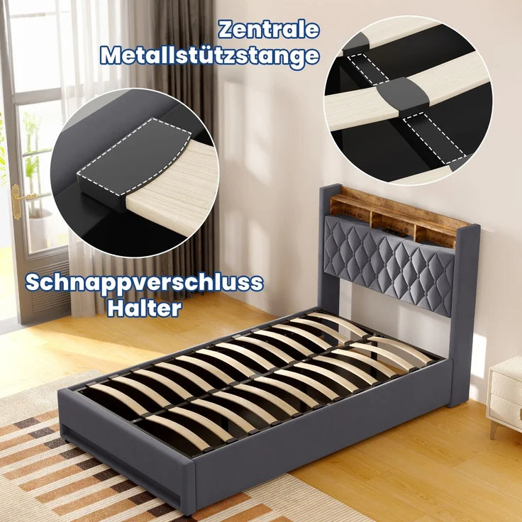 Luxuriöses Polsterbett aus Samt mit hochelastischer Polsterung & Lattenrost, ohne Matratze, 140x190 cm, Dunkelgrau – Bild 8