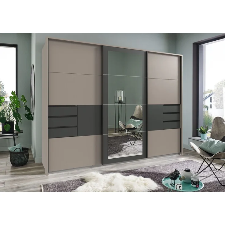 Schwebetürenschrank Kleiderschrank 273 cm Passepartout Schubladen Spiegel Sand Grau, Grafit – Bild 3
