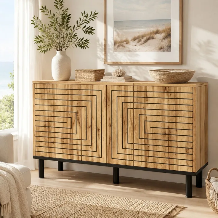 DESVIAE Sideboard Holzfarbe aus MDF/Spanplatte – 120x68x35 cm – 3 Push-Open-Türen