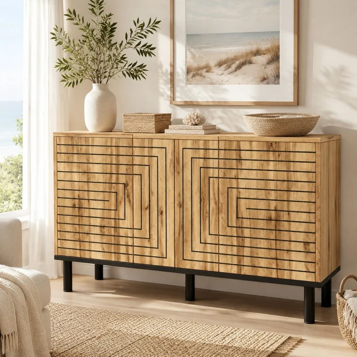 DESVIAE Sideboard Holzfarbe aus MDF/Spanplatte – 120x68x35 cm – 3 Push-Open-Türen – Bild 1