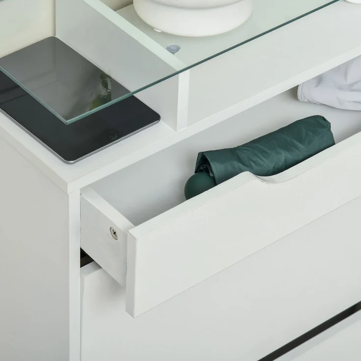 Schuhschrank mit 2 Klappschubladen + 1 Auszugsschublade + 1 Ablagefläche und 1 weißer Glasplatte – Bild 7