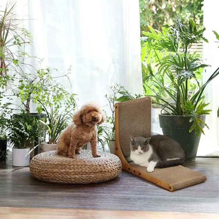 FUKUMARU Kratzbrett Katzen, 48 cm hohe L förmige Kratzpappe, widerstandsfähig Katzenkratzbrett mit Ballspielzeug, Katzen Kratzmöbel aus hochwertiger Karton für Wand und Ecke, Mittlere Größe – Bild 7