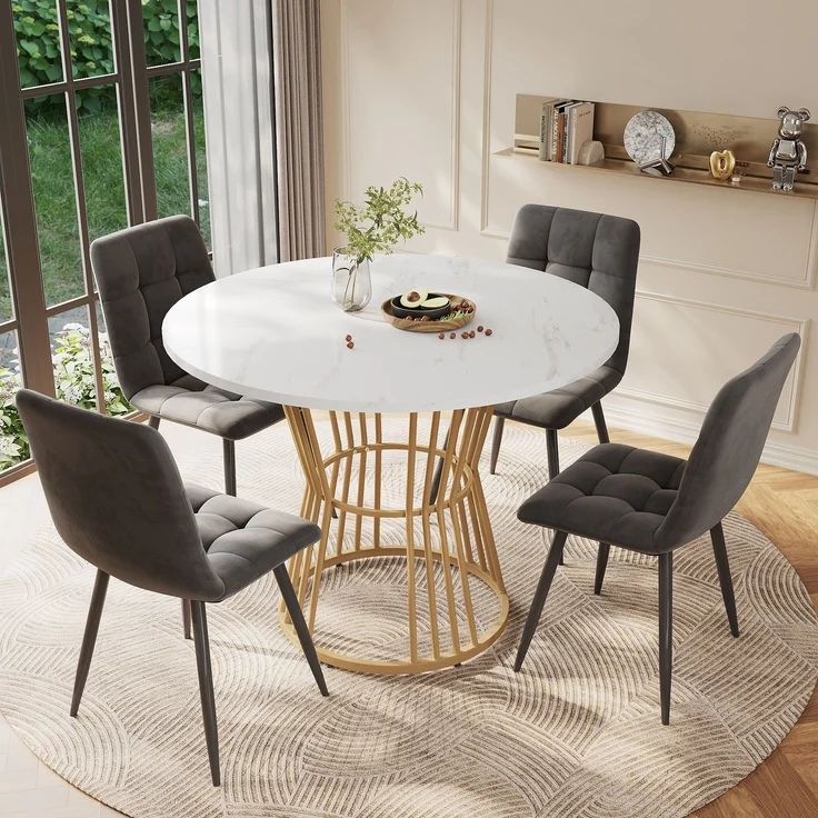 Esszimmer-Set 5-teilig Runder Tisch 100cm & 4 Grau Samtstühle Metallbeine moderner Küchentisch – Bild 2