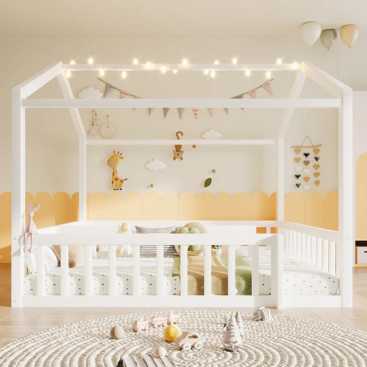 Hausbett mit LED Kugel-Lichterkette, 90x190cm*2/180x190cm, Kinderbett mit Rausfallschutz und Lattenrost, Kiefer – Bild 2