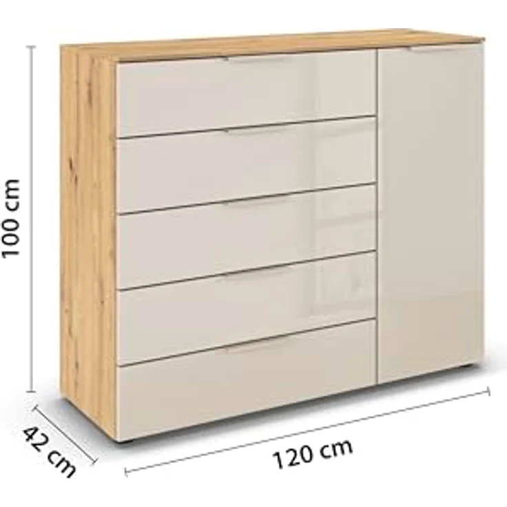 Rauch Möbel Flipp, Kommode für Schlafzimmer, Kinderzimmer, Wohnzimmer, Jugendzimmer, Flur, Garderobe, 1-türig, 5 Schubladen, mit Softclose-Funktion, Farbe Eiche Artisan, Holz/Glas Beige, Breite 120 cm – Bild 4