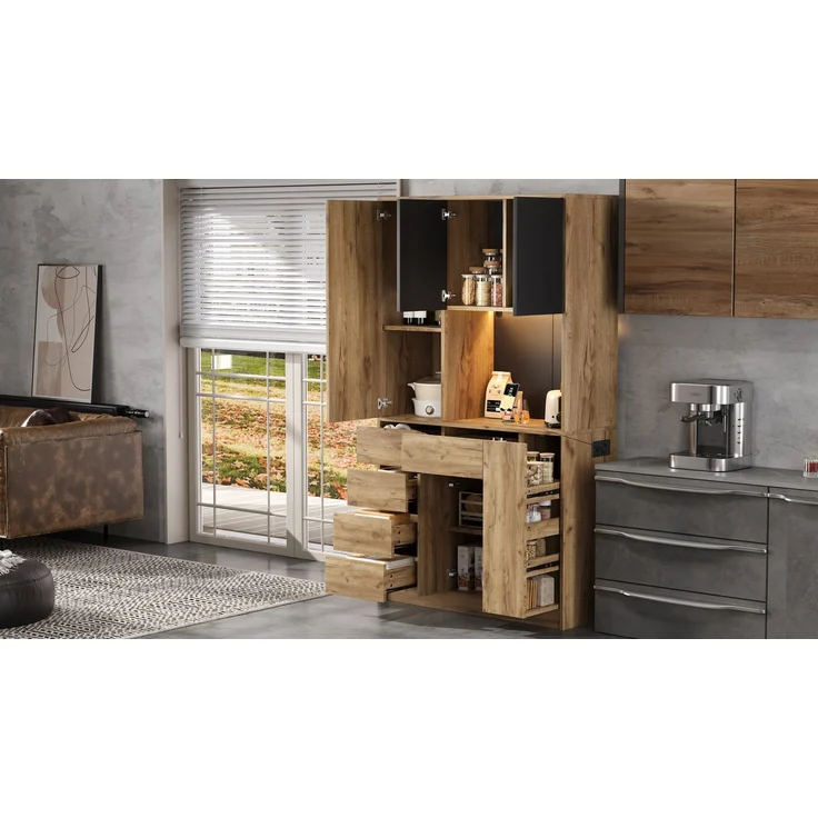 ZUBALIYA Küchenschrank 105x40x185 cm, mit LED-Beleuchtung, mit Steckdosen, mit verstellbaren Einlegeböden, aus MDF, Schwarz / Natur – Bild 22