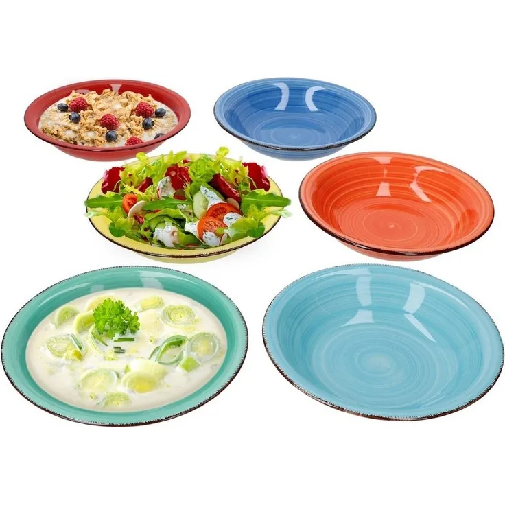 6er Set Colour Power Suppenteller Retro-Stil Ø 21 cm Essteller tief 6 Farben Strudel-Dekor