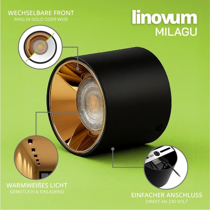 linovum LED Aufbaustrahler MILAGU LED Aufbauspot schwarz gold Aufbaustrahler flach warmweiß, Warmweiß – Bild 4