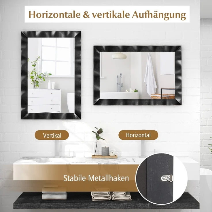 Bauernhaus Wandspiegel mit Holzrahmen aus Gummibaumholz Rustikaler Badspiegel Schwarz – Bild 5