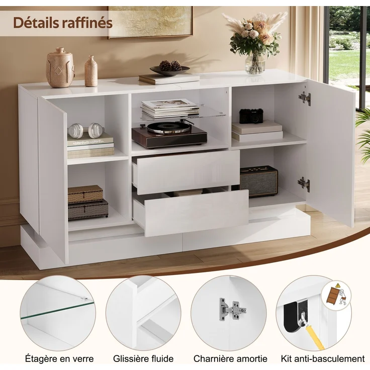 ZUBALIYA Sideboard 140x40x80 cm, mit LED-Beleuchtung, Hochglanz, mit 2 Türen, aus Spanplatte, Weiß – Bild 18