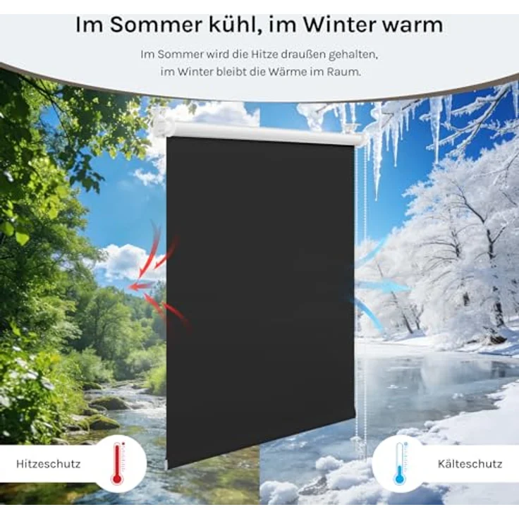 WOLTU Verdunkelungsrollo ohne Bohren, Thermo Verdunkelungsrollo mit Kette, Sichtschutz, für Türen und Fenster, Schwarz，B95 x H130 cm – Bild 4